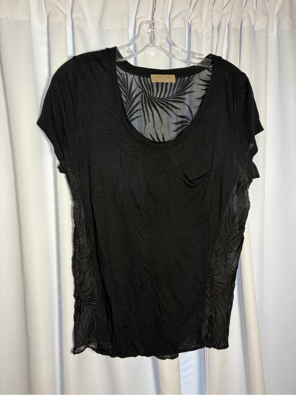 LANGUAGE Black Blouse with Sheer Back Leaf Pattern size XS
